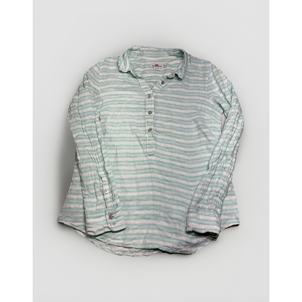 Vineyard Vines Shirt Women 10 Green Striped 100% Linen Long Sleeve Button Up Top